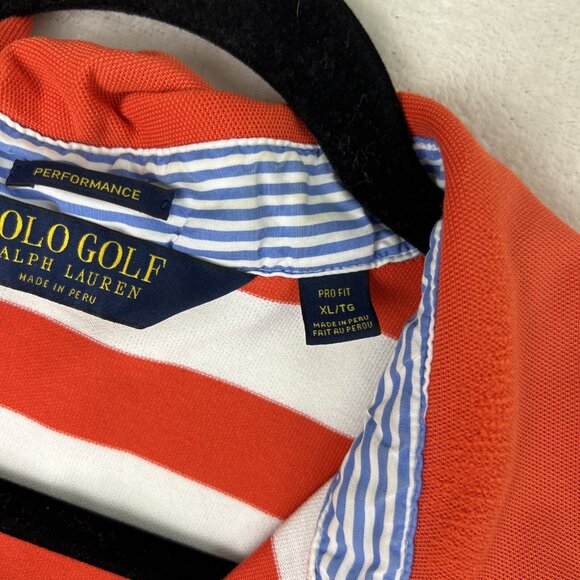 Polo Golf Ralph Lauren Performance Polo Shirt Orange White Strip Mens XL Pro Fit - Picture 4 of 14